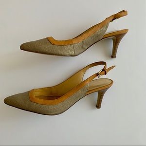 NINE WEST Tan/Gold Slingback Heels.  Sz 6